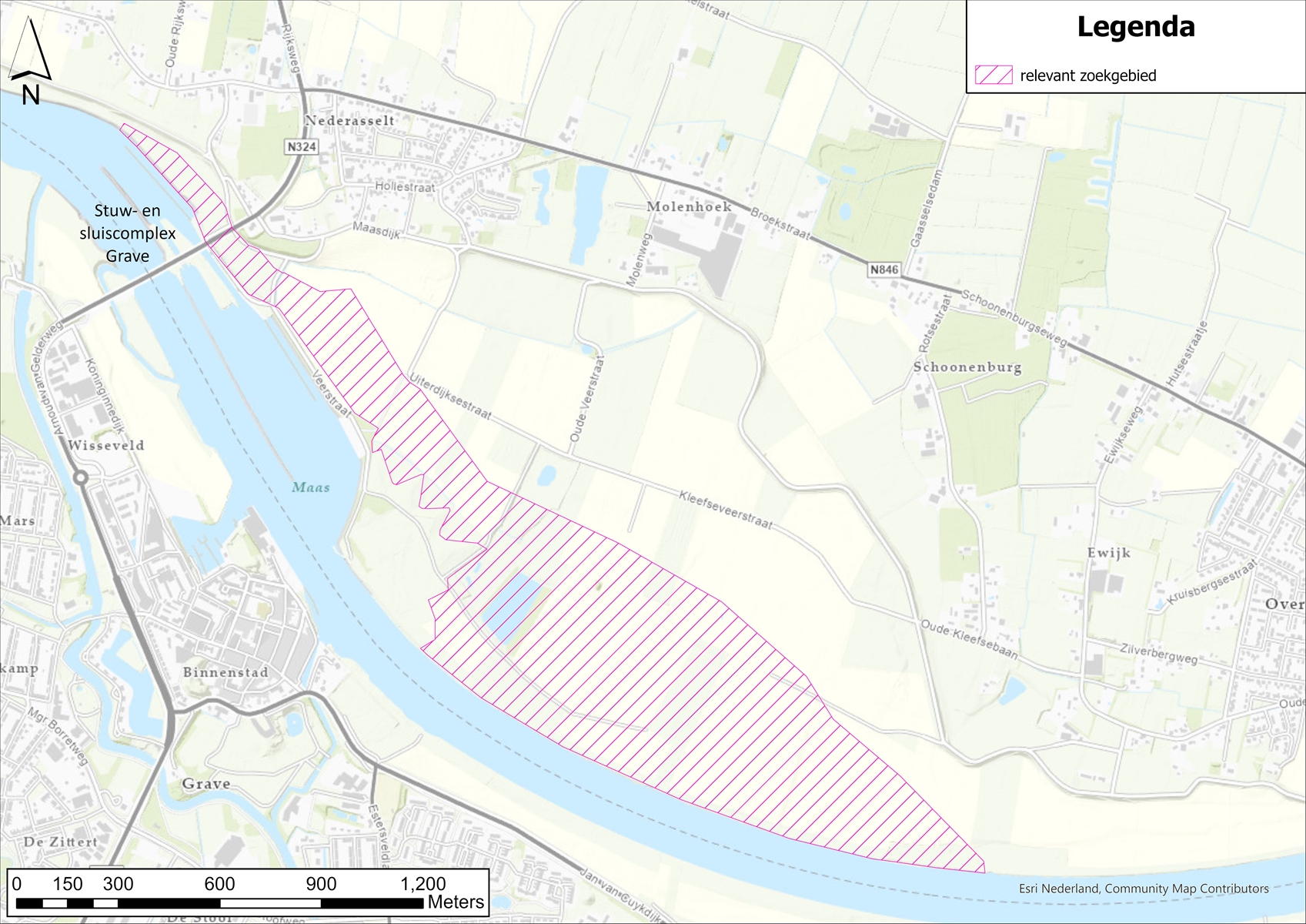 Bovenaanzicht van het zoekgebied voor Geul Coehoorn. Dit gebied is rood gearceerd op een kaart ingetekend aan de oostkant van stuw- en sluiscomplex Grave in de gemeente Heumen. Het ligt dus aan de Gelderse kant van de Maas, tussen de dorpen Overasselt en Nederasselt. Het bovenstroomse beginpunt bevindt zich pal aan de Maas ter hoogte van Ewijk. Het uitstroompunt ligt ook pal aan de Maas, net voorbij de Maxwell Taylorbrug, iets ten westen van Nederasselt. 